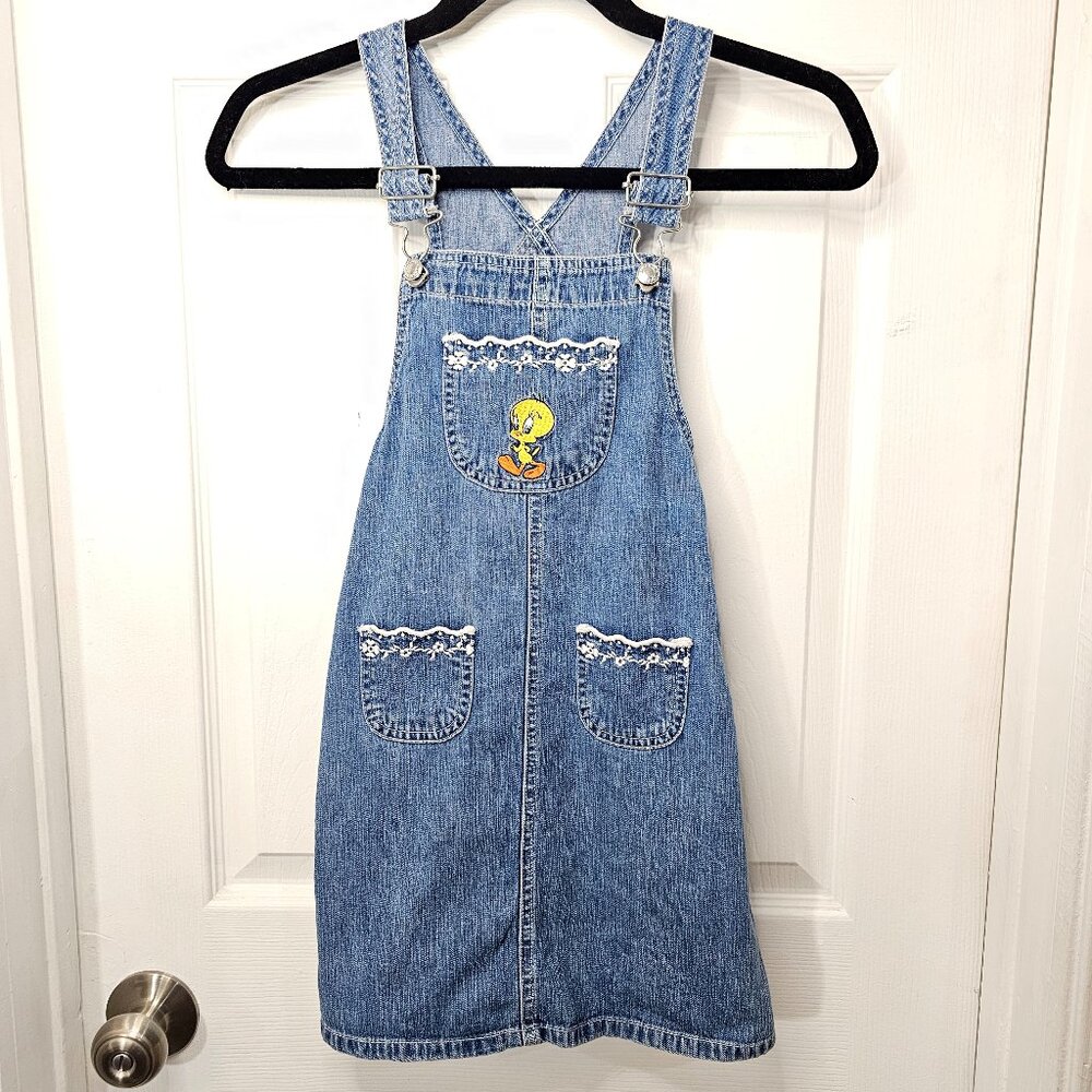 Vintage Warner Brothers Kid's Tweety Bird Denim Embroidered Dress Size Medium